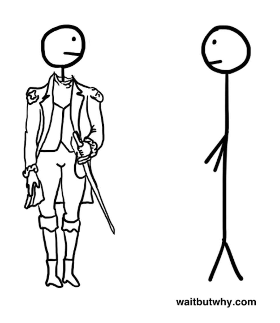 Stick person in historical garb beside a regular stick person