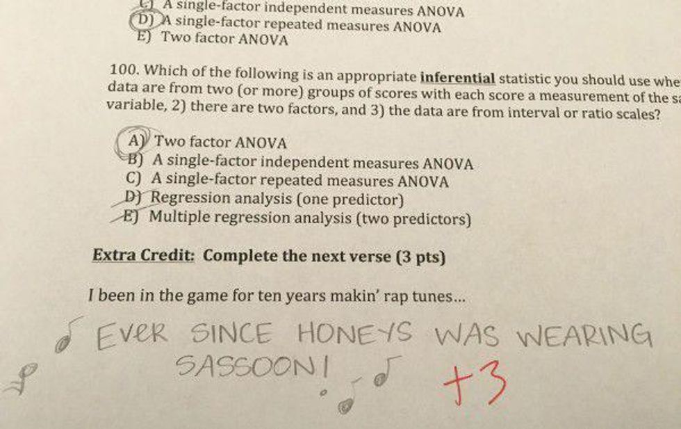 Photo of an extra credit question and answer on a test