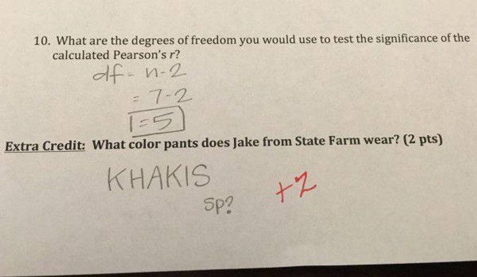 Photo of an extra credit question and answer on a test