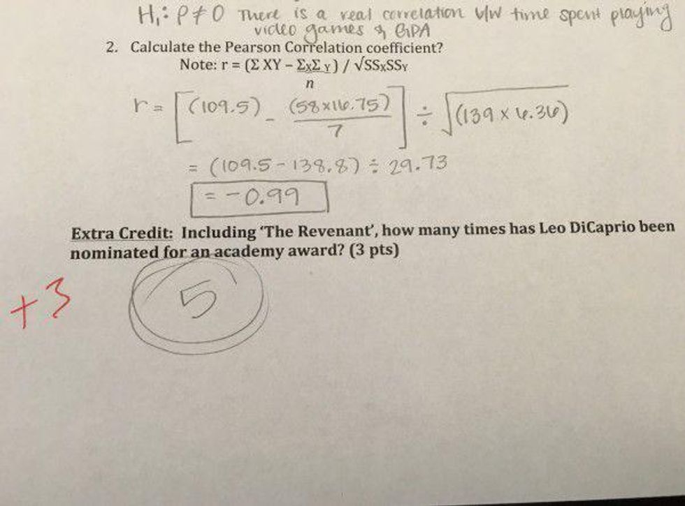 Photo of an extra credit question and answer on a test