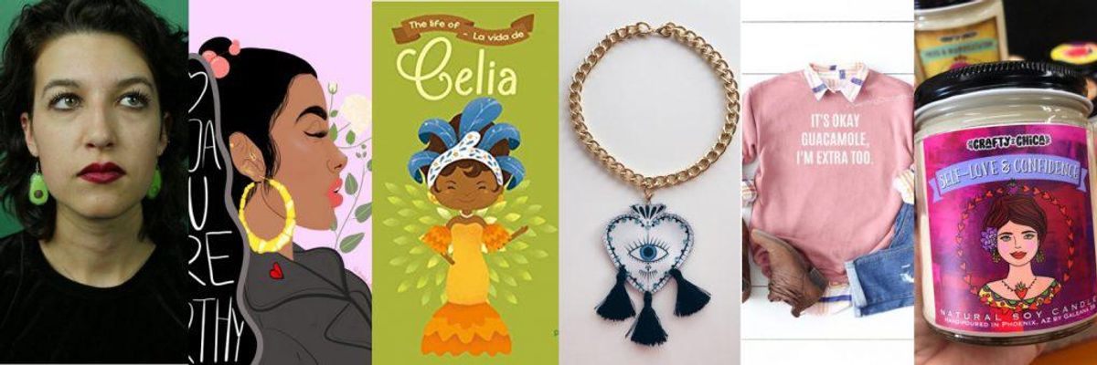 collage of images representing different products from Latinx businesses : woman, animated women, jewelry tshirt, candle