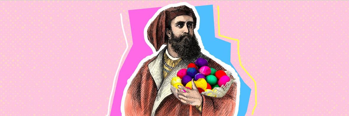 Marco Polo holding cascarones
