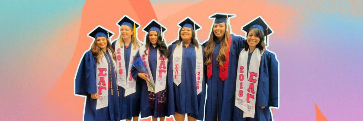 women of multi-cultural greek letter organizations posing in graduation attire