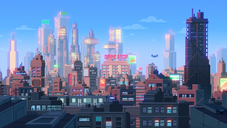 An image of a still from documentary "Gamestop: Rise Of The Players." The image shows a computer-generated image of a fictional cityscape. A building in the center of it all has a big neon sign that says "GAMESTOP." The image aesthetic looks like an 8-bit game.