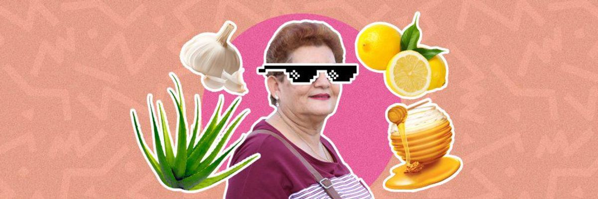 Older woman with sunglasses on surrounded by remedies.
