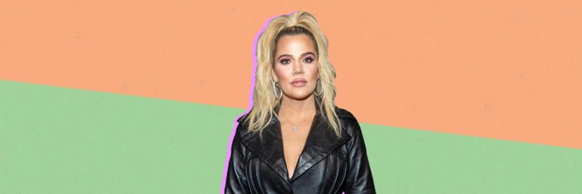 Khloe Kardashian in front of a green and orange background.