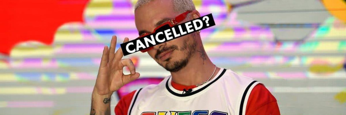 J Balvin with a phrase over his eyes that says "Cancelled?".