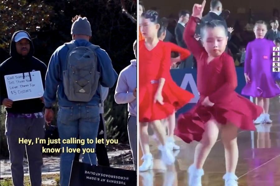 Left: Sign offering calls of love; Right: Young girl in red dress dancing passionately.