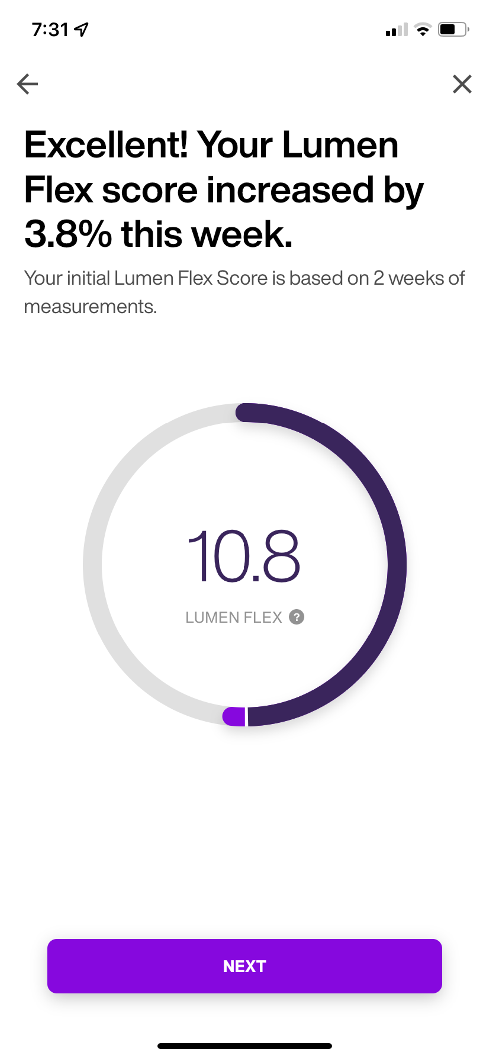 Screenshot of Lumen app showing the increase of our flex score