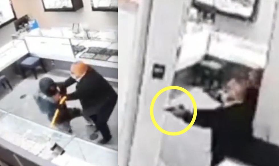 Video: Jewelry store owner fights crowbar-wielding robber who smashes display case. But when owner pulls gun, crook takes off running.