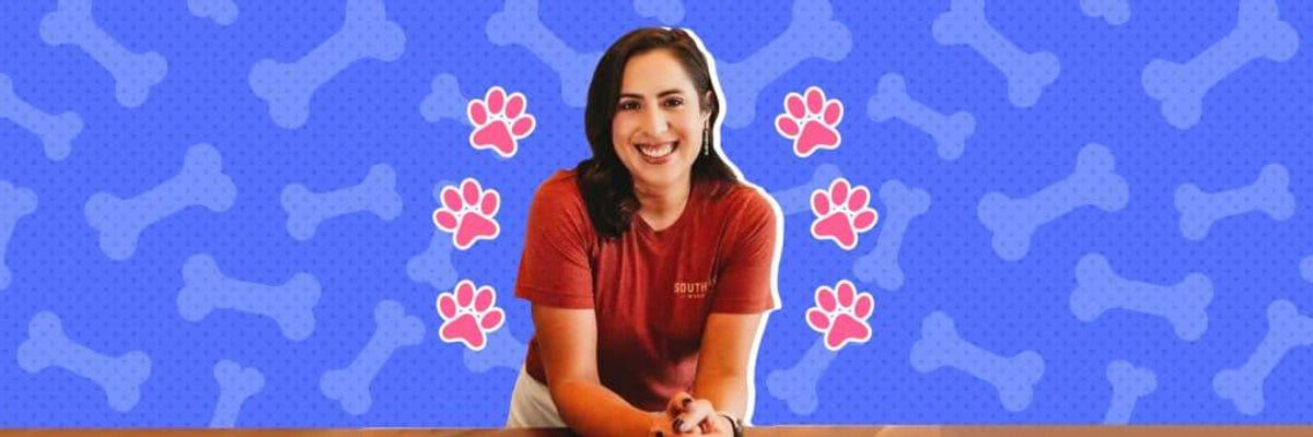 latina woman, Maricela Guerra, in front of a backdrop of paw prints and dog bones