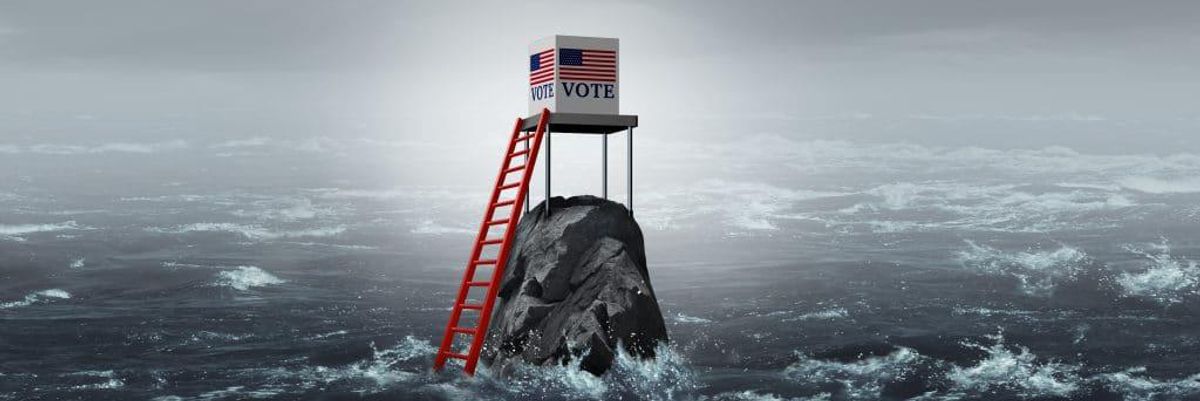 Voters box on a rock in the middle of the ocean. 