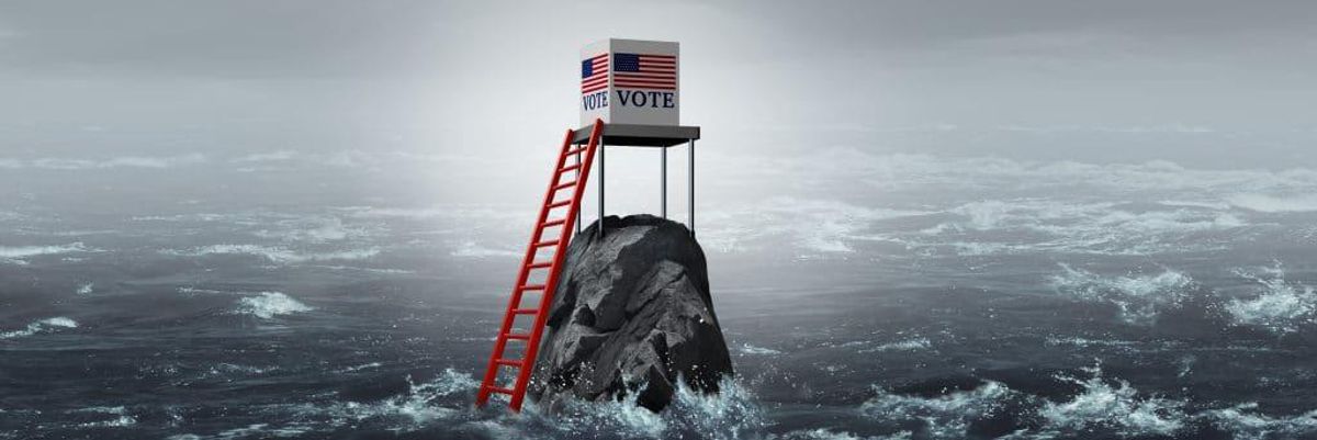 Voters box on a rock in the middle of the ocean.