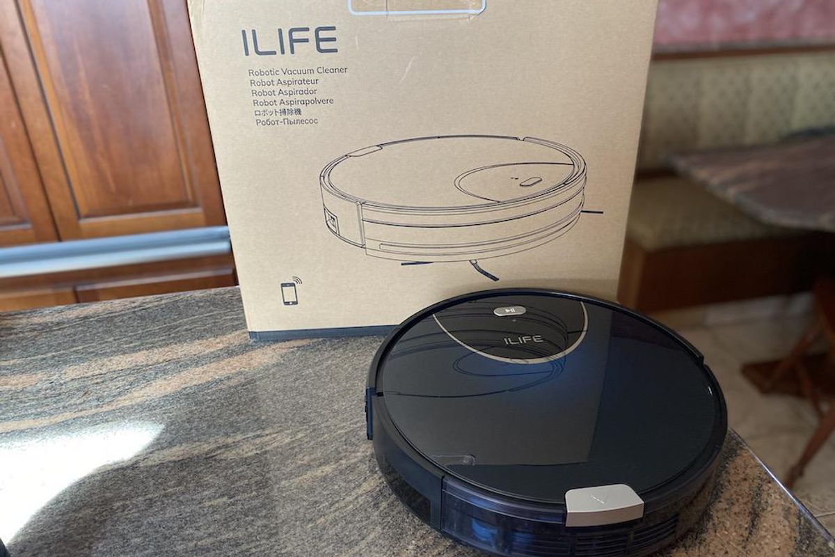 ILIFE V80 Max Robot Vacuum and box on a countertop