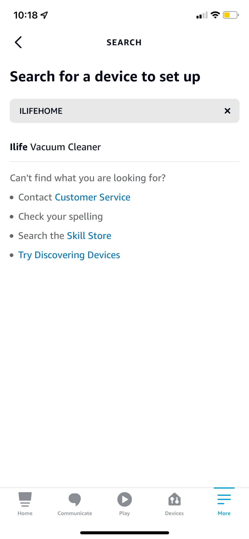 Screenshot of searching for ILIFEHOME skill in Alexa App