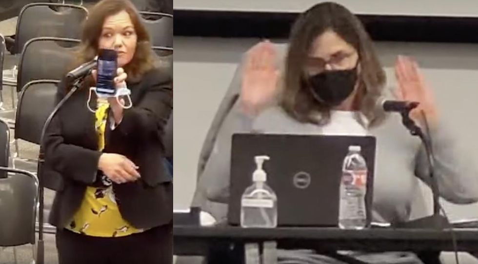 Video: Parent rips school board chair's mask hypocrisy — with visual proof — and irate chair asks cop to remove her. When that fails, board chair storms out.