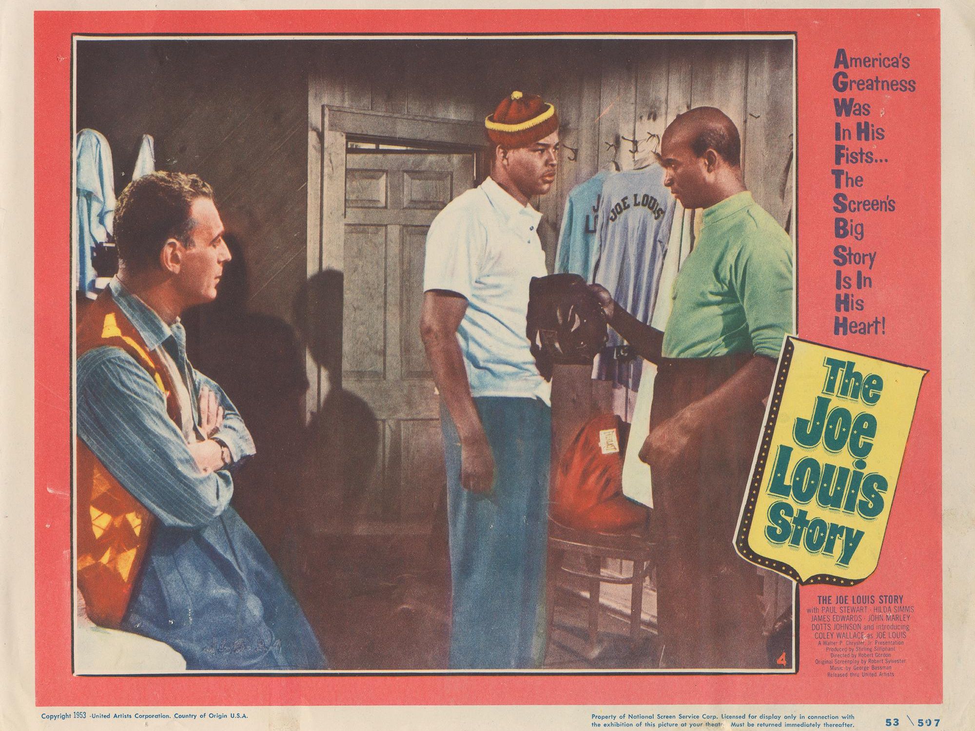 Lobby card for The Joe Louis Story showing Coley Wallace as Joe Louis with two supporting cast members
