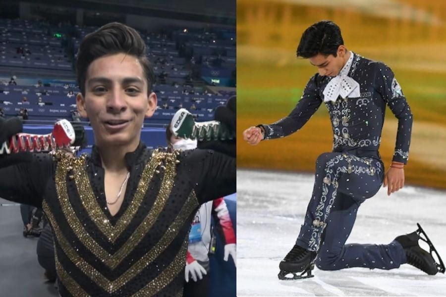 Figure skater Donovan Carrillo smiles at camera; mid performance