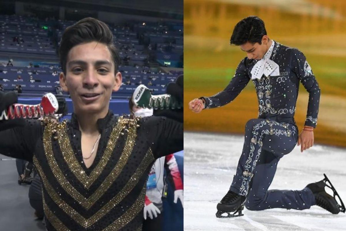 Figure skater Donovan Carrillo smiles at camera; mid performance