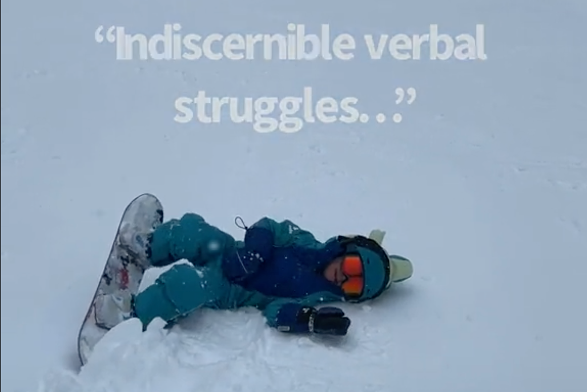 toddler in snowsuit in the snow with overlay text that reads "Indiscernible verbal struggles..."