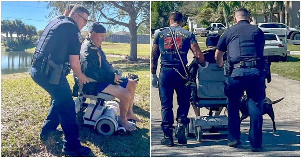 A man who fell from his wheelchair into a lake was saved from drowning by his little beagle