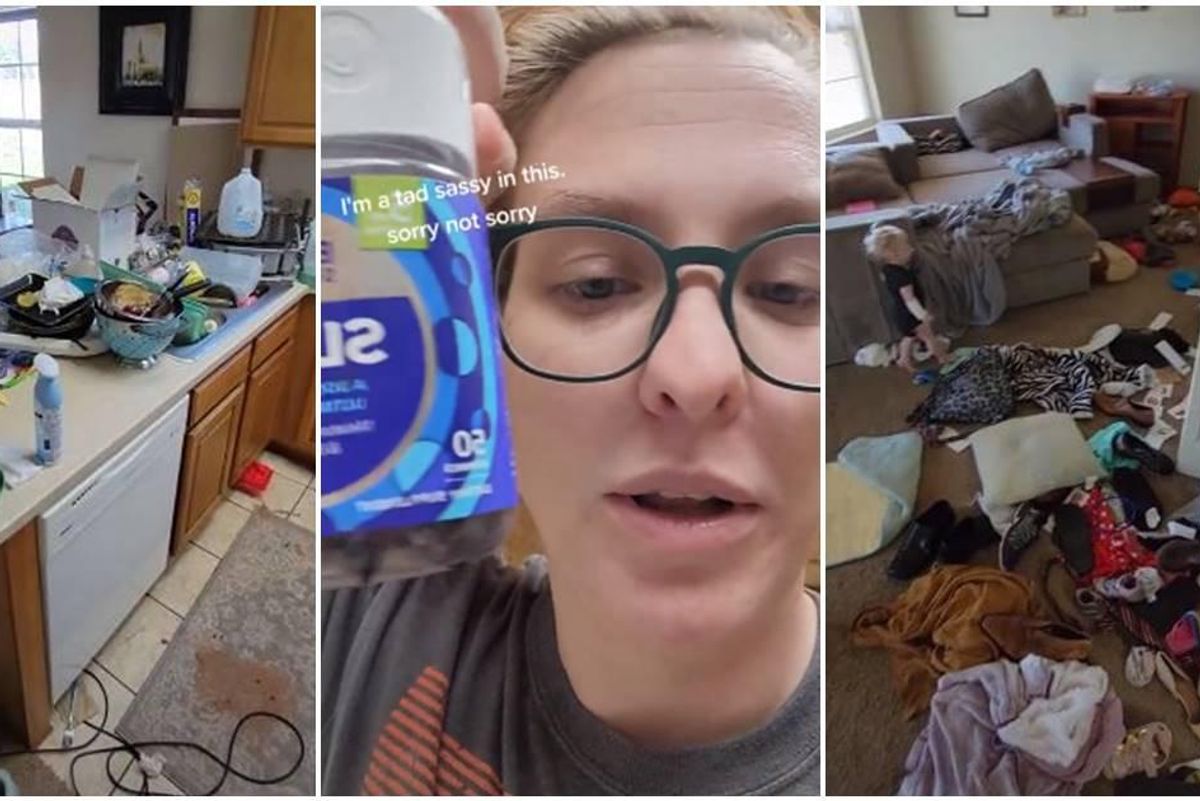 screenshot of a messy kitchen; woman speaking to camera; child standing by large pile of laundry