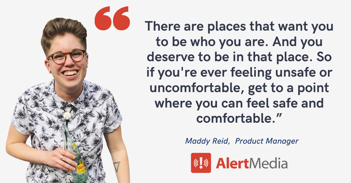 Blog post banner with quote from Maddy Reid, Product Manager at AlertMedia