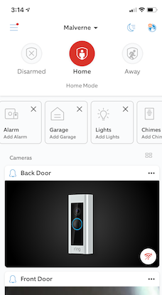 Captura de tela do painel do aplicativo de alarme para anel