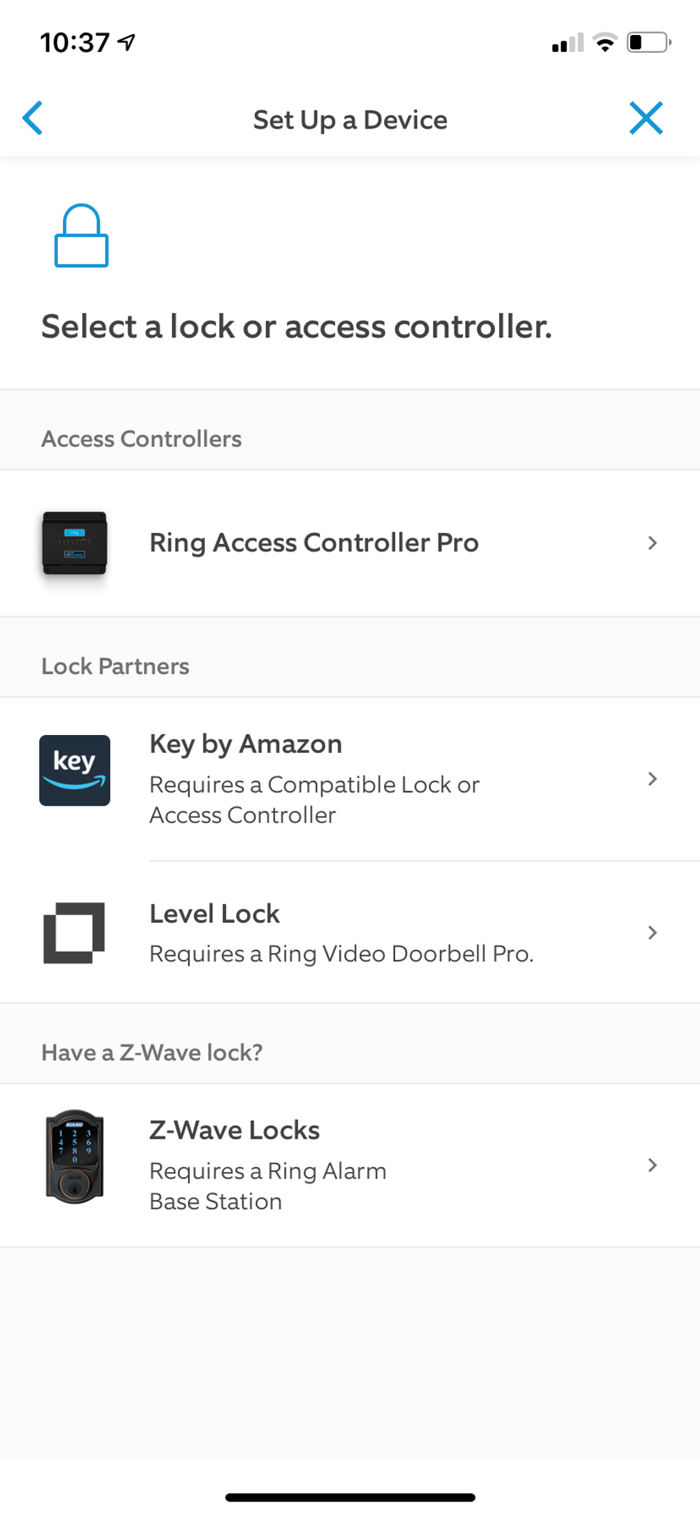 Captura de tela do aplicativo Ring mostrando bloqueios inteligentes compatíveis