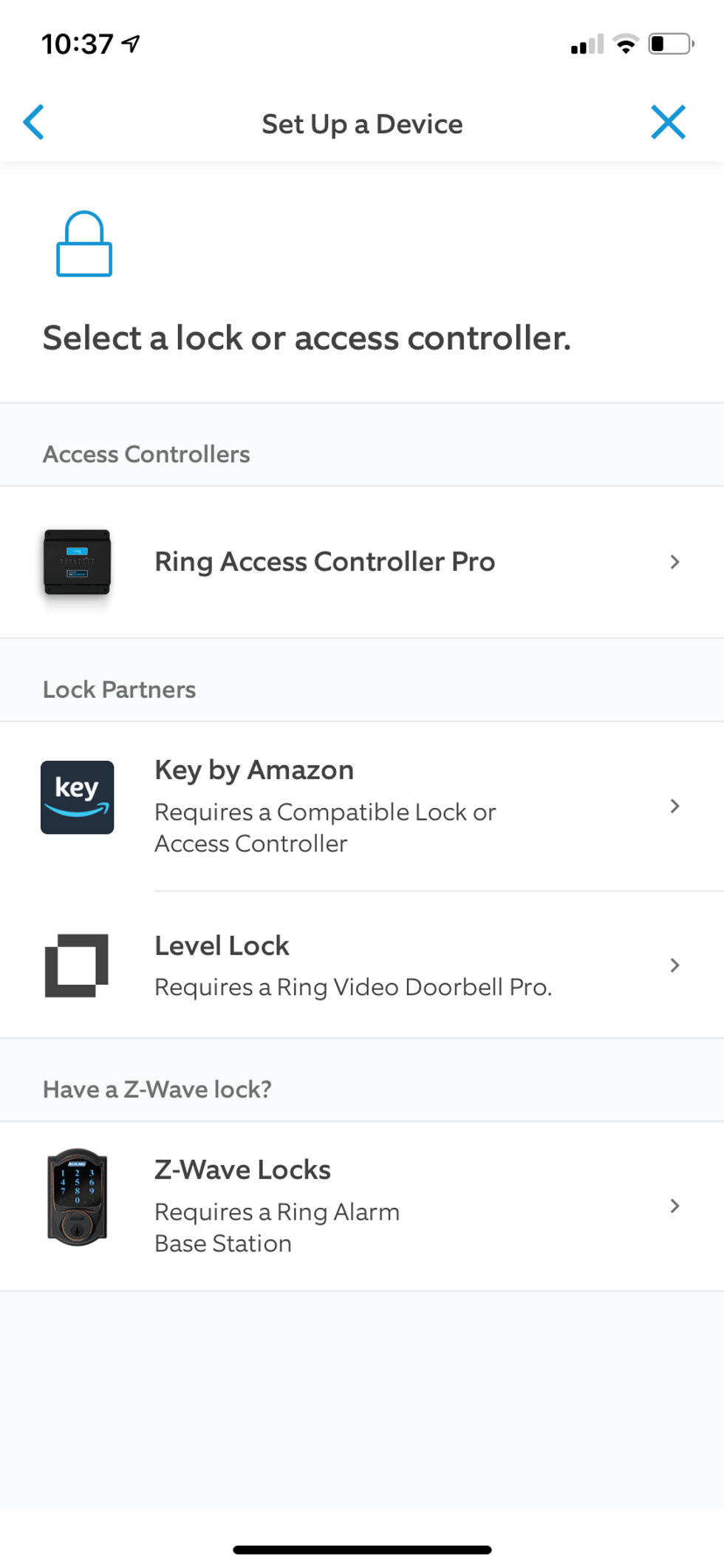 Screenshot of Ring App showing compatible smart locks.