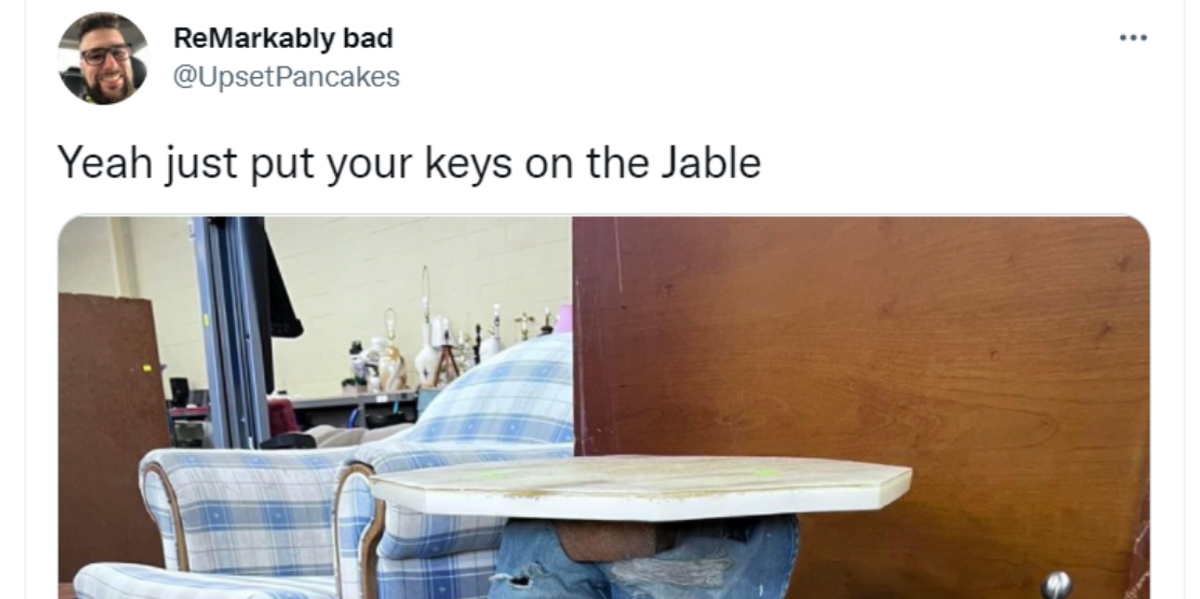 Someone Found A Novelty Table Made Out Of A Pair Of Jeans For Sale—And The Jokes Practically Write Themselves