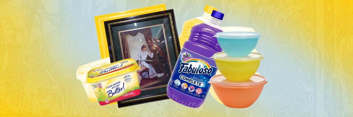 A butter container, a picture frame, a bottle of Fabulos, and plastic containers