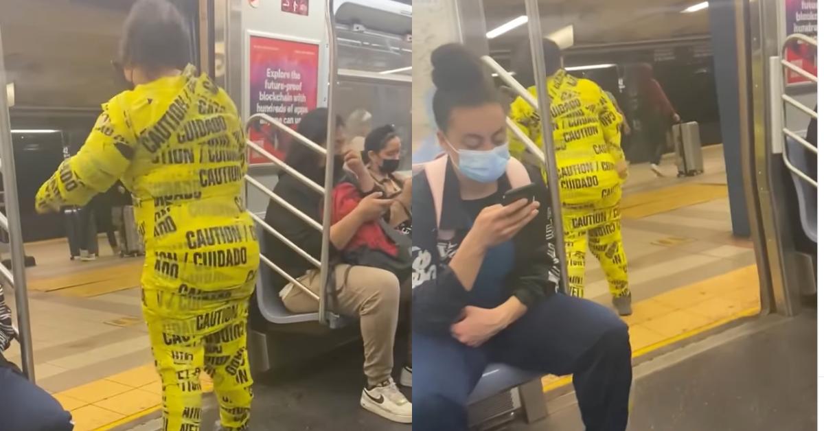 Subway Rider Attempts To Copy Kim Kardashian's Caution Tape Fashion Look—And It's Peak NYC