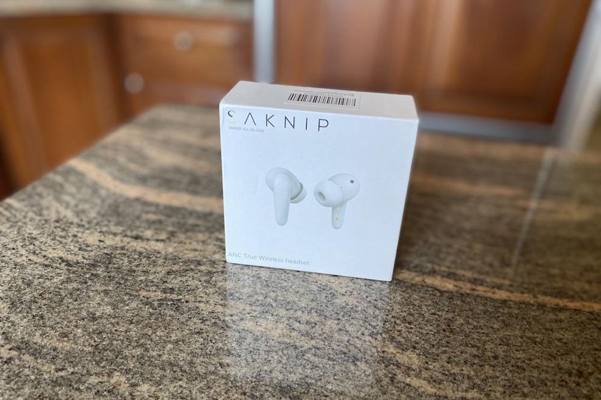 Photo of Saknip earbuds box on a countertop
