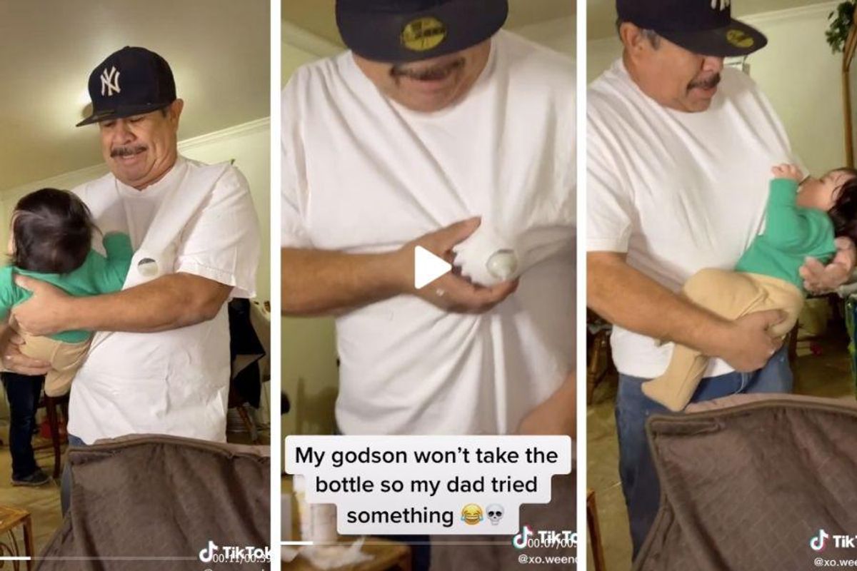 screenshots of a older man holding a baby, wrapping a bottle in his shirt, and feeding the baby