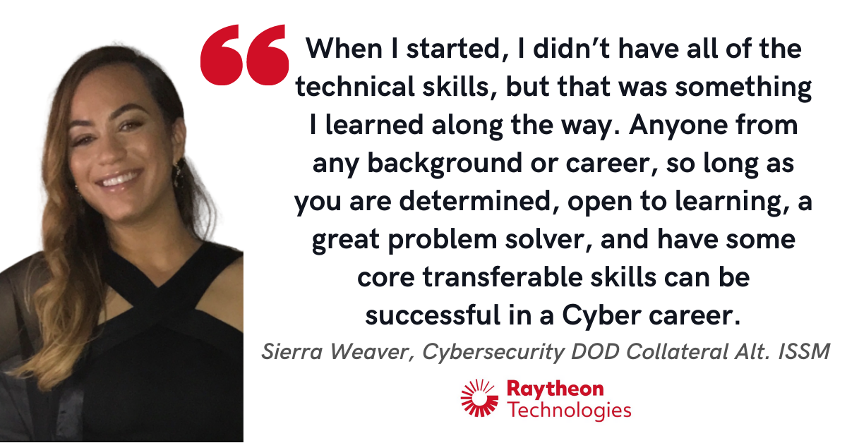 Blog post header with quote from Sierra Weaver, Cybersecurity DOD Collateral Alt ISSM at Raytheon Technologies