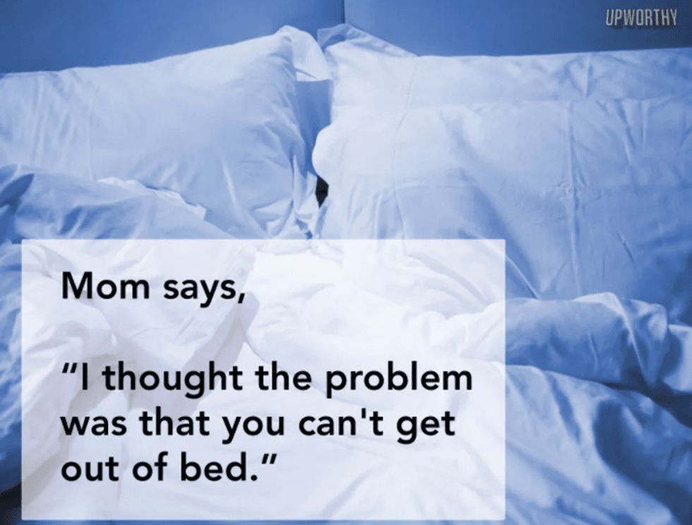 Pillows and comforter in a blue wash behind words