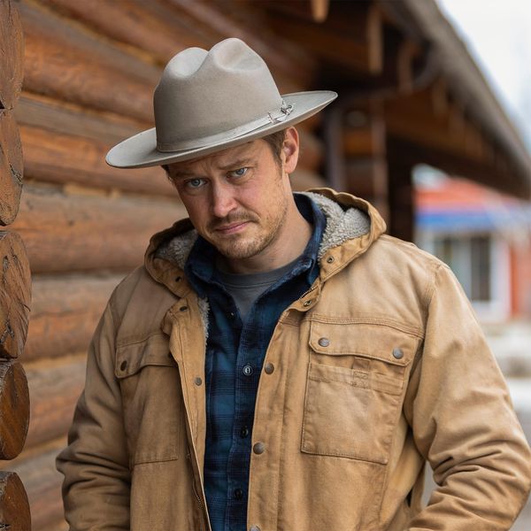 Michael Dorman as Joe Pickett stares into the camera in medium close-up wearing a western hat and outdoorsman's jacket