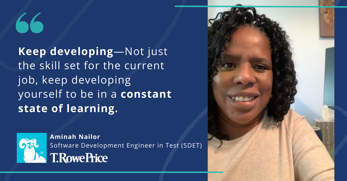 Blog post banner with quote from Aminah Nailor, SDET at T. Rowe Price