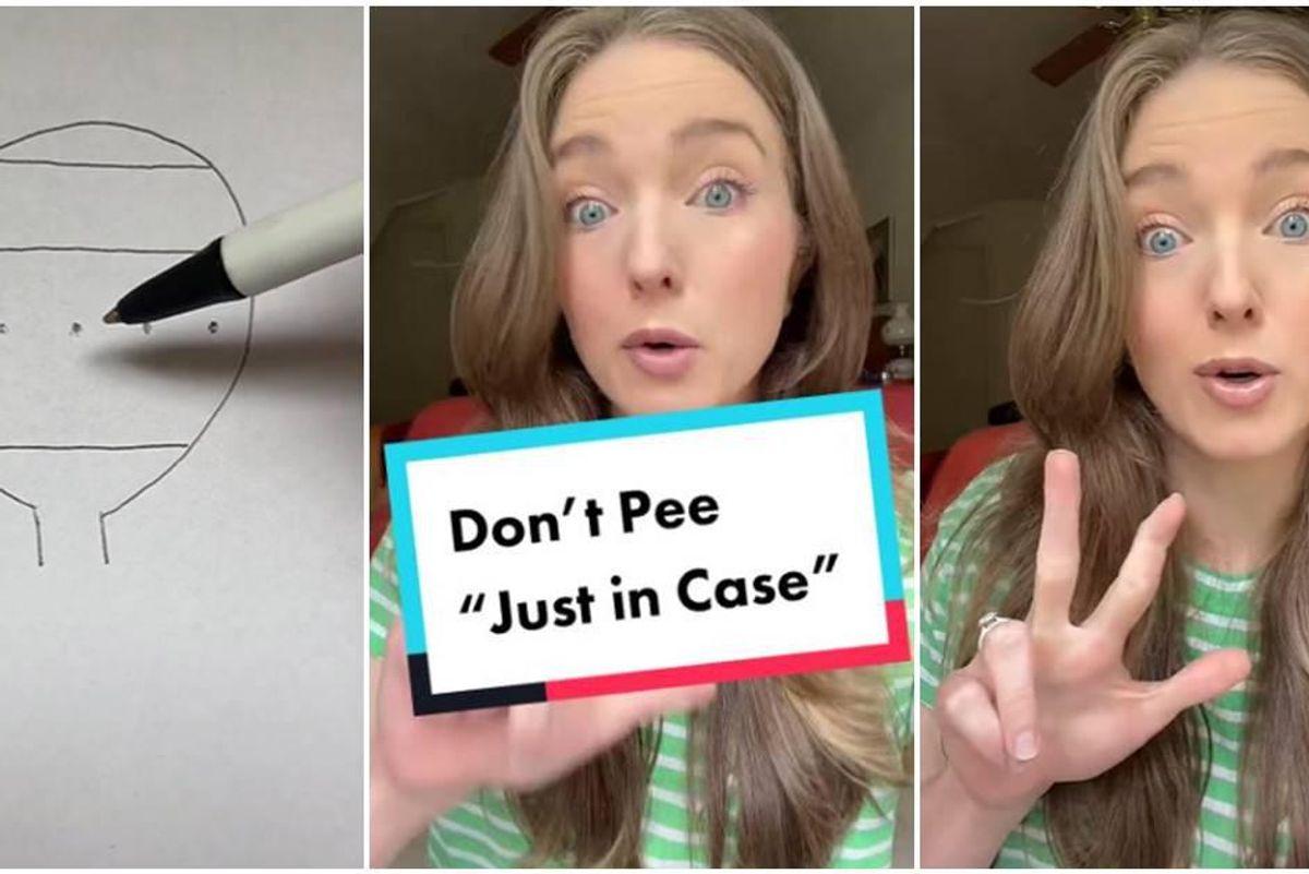 bladder illustration, woman speaking to camera behind "Don't Pee 'Just In Case'" title overlay