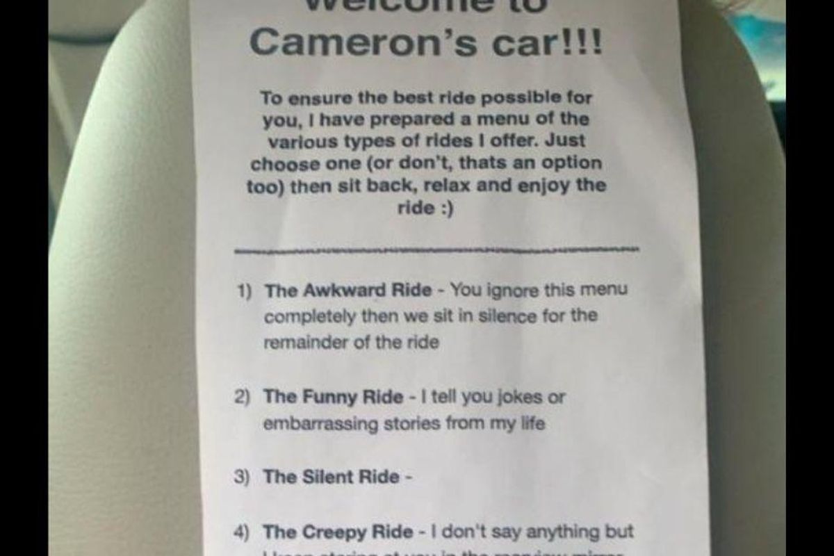 Homemade "menu" pinned to back of car seat