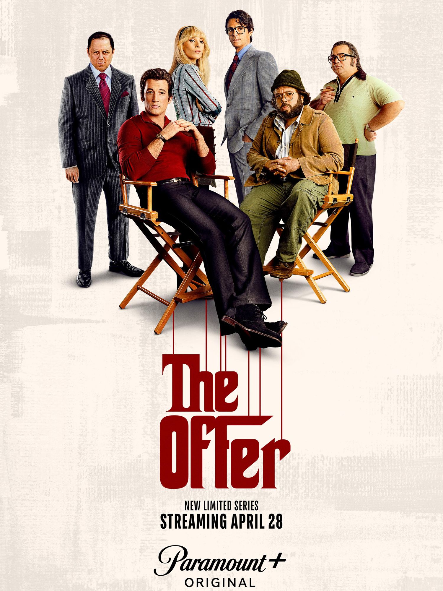 The stars of The Offer in the official promotional poster featuring a logo with marionette strings inspired by the cover of the bestselling book The Godfather
