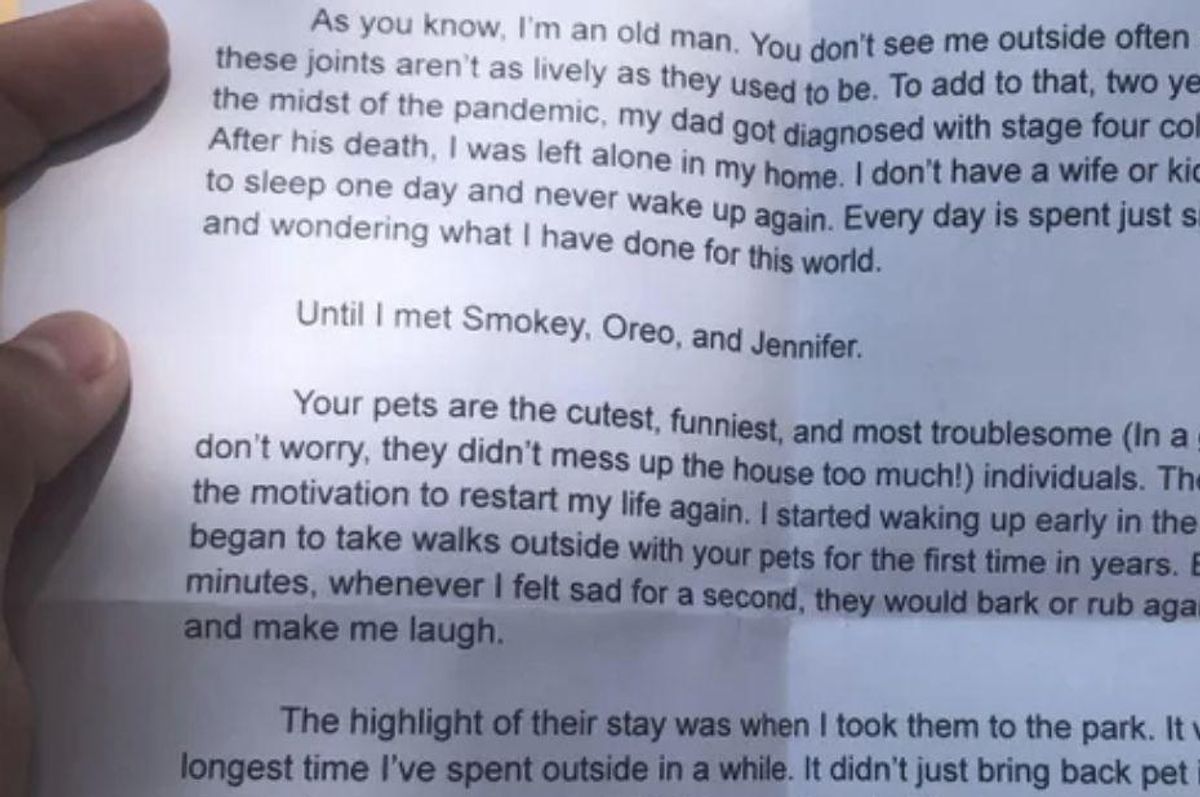 She asked an older neighbor to watch her pets. His letter of gratitude is everything.