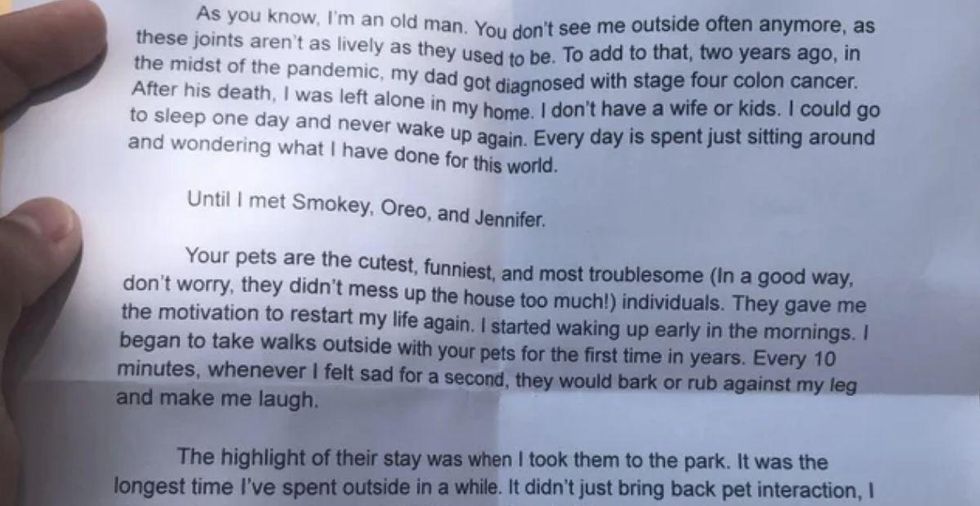 She asked an older neighbor to watch her pets. His letter of gratitude is everything.