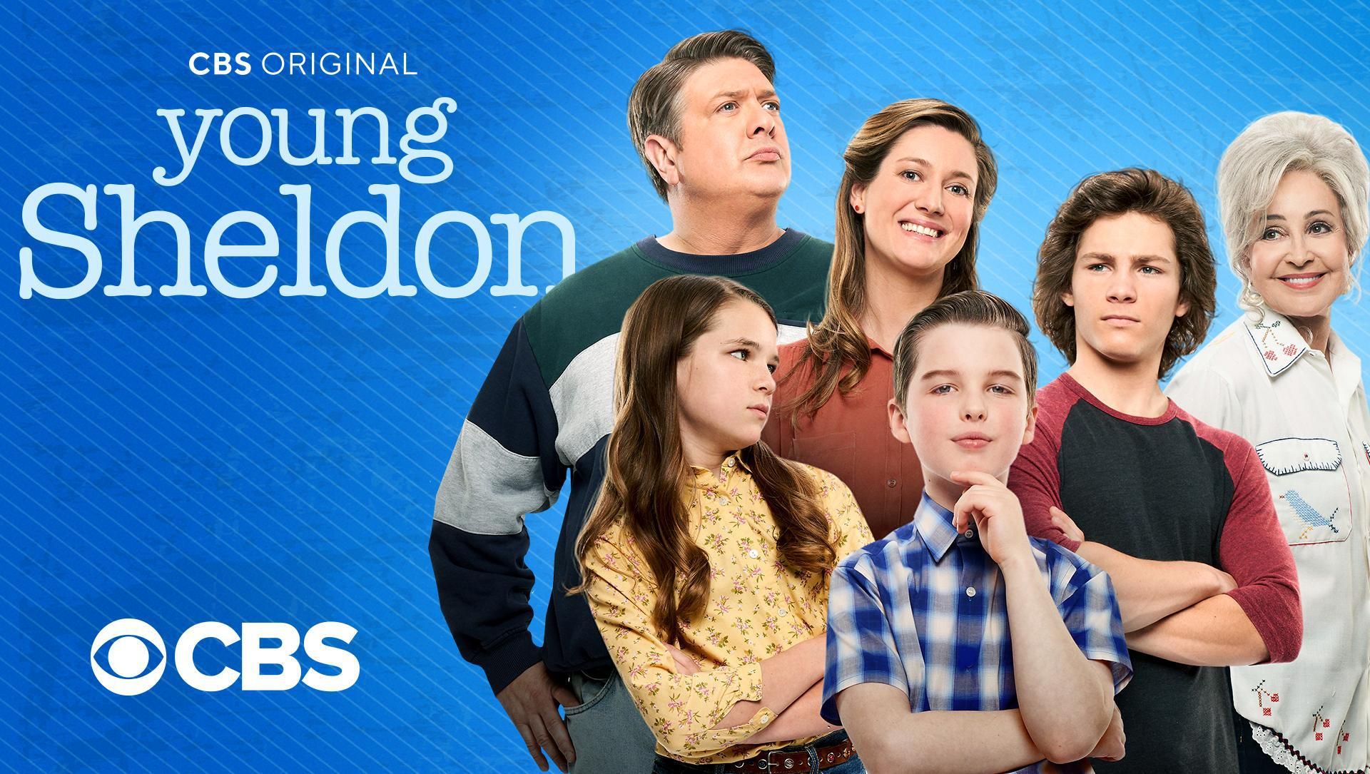 A promotional graphic with the cast of Young Sheldon against a blue background