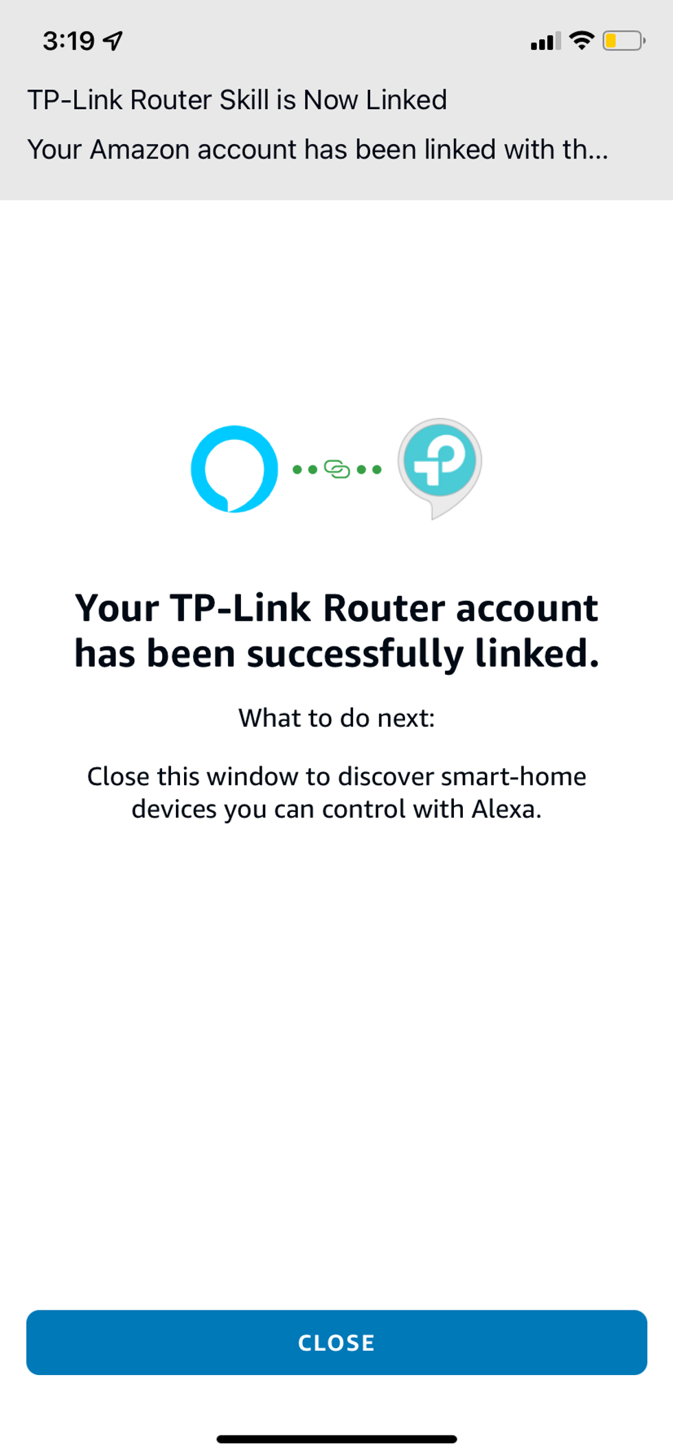 Screenshot of Deco app connecting to Alexa Skill