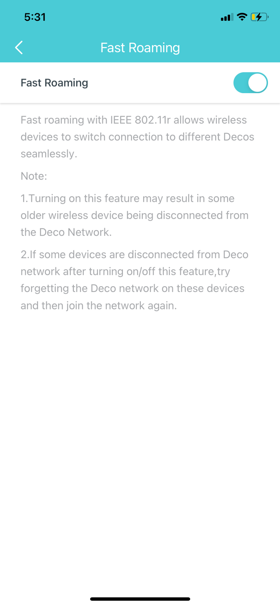 Screenshot of fast roaming feature in Deco app