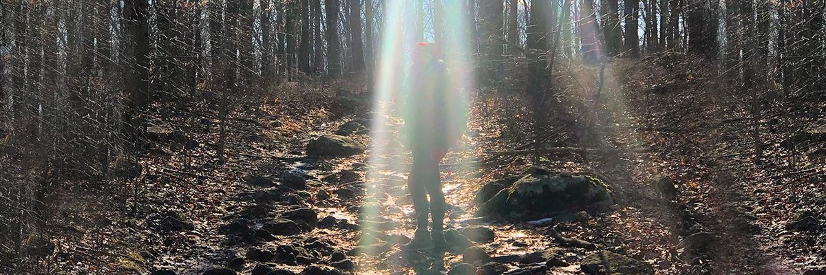 Woman standing under a ray of sunshine in the middle of the forest 