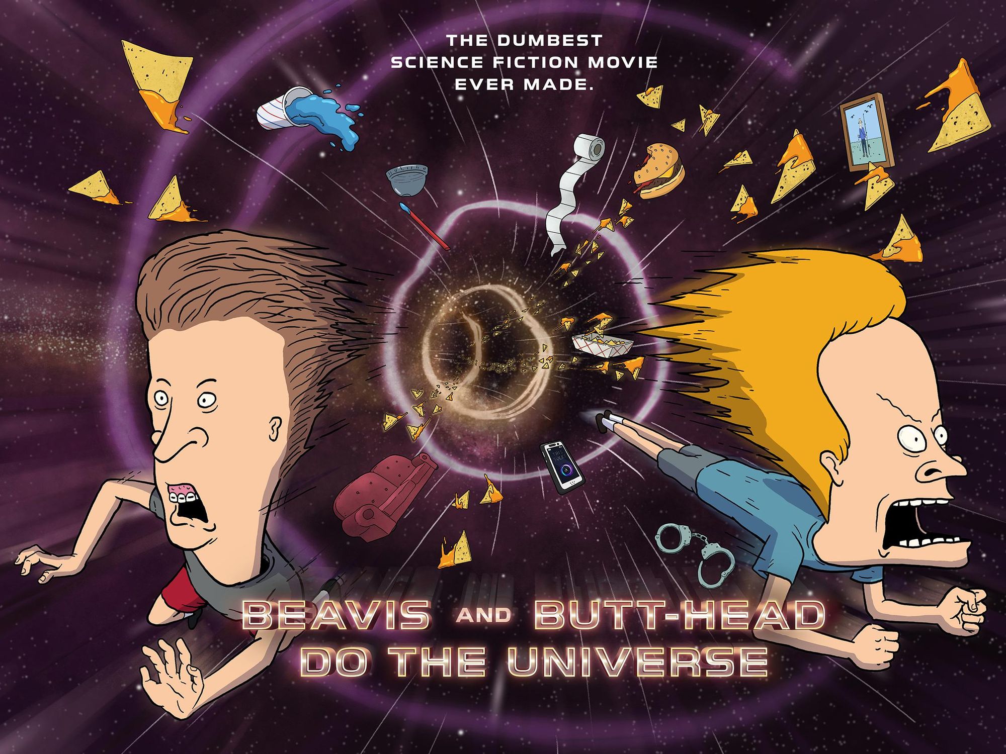 A promotional poster of the new BEAVIS AND BUTT-HEAD DO THE UNIVERSE movie with Beavis and Butt-Head being sucked into a black hole