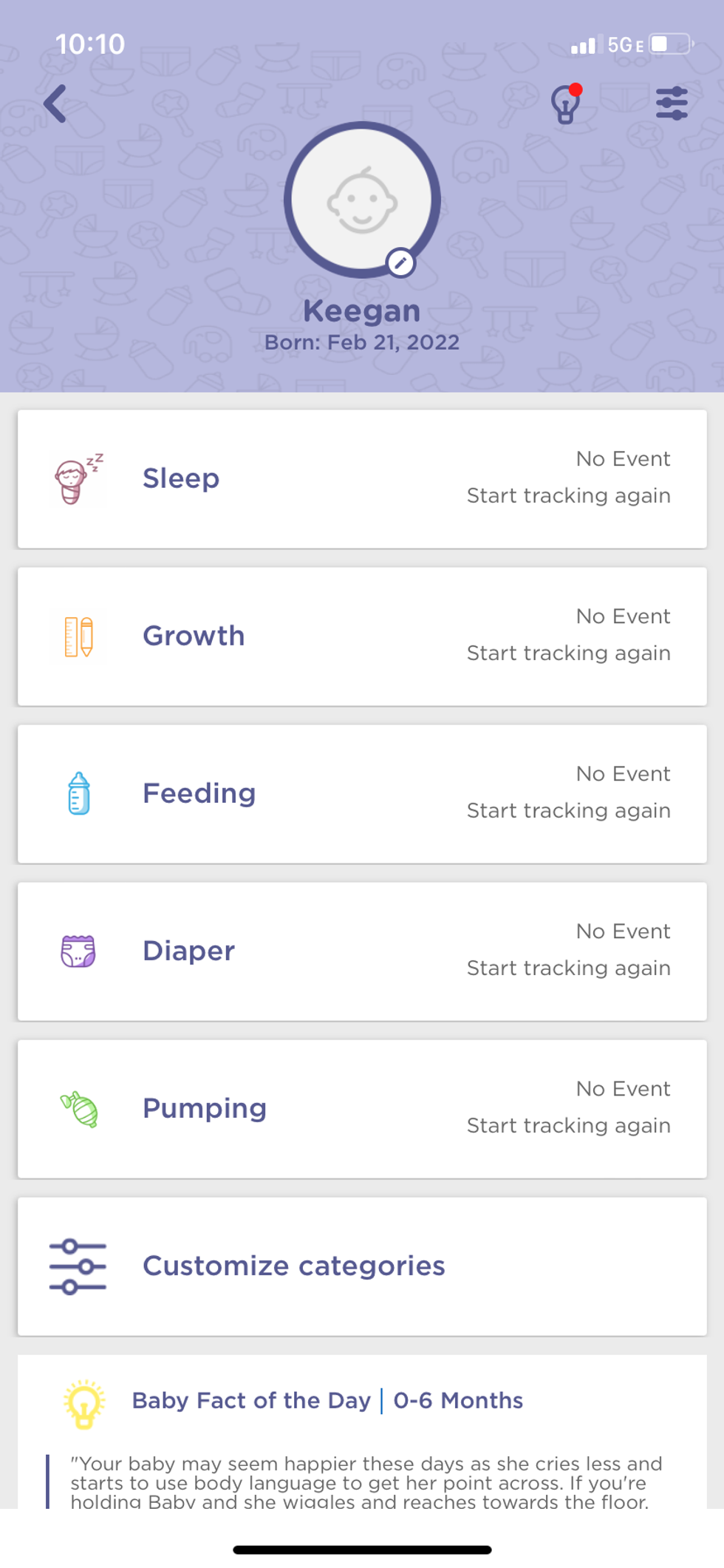 Screenshot of HubbleClub app tracking your infant's well-being